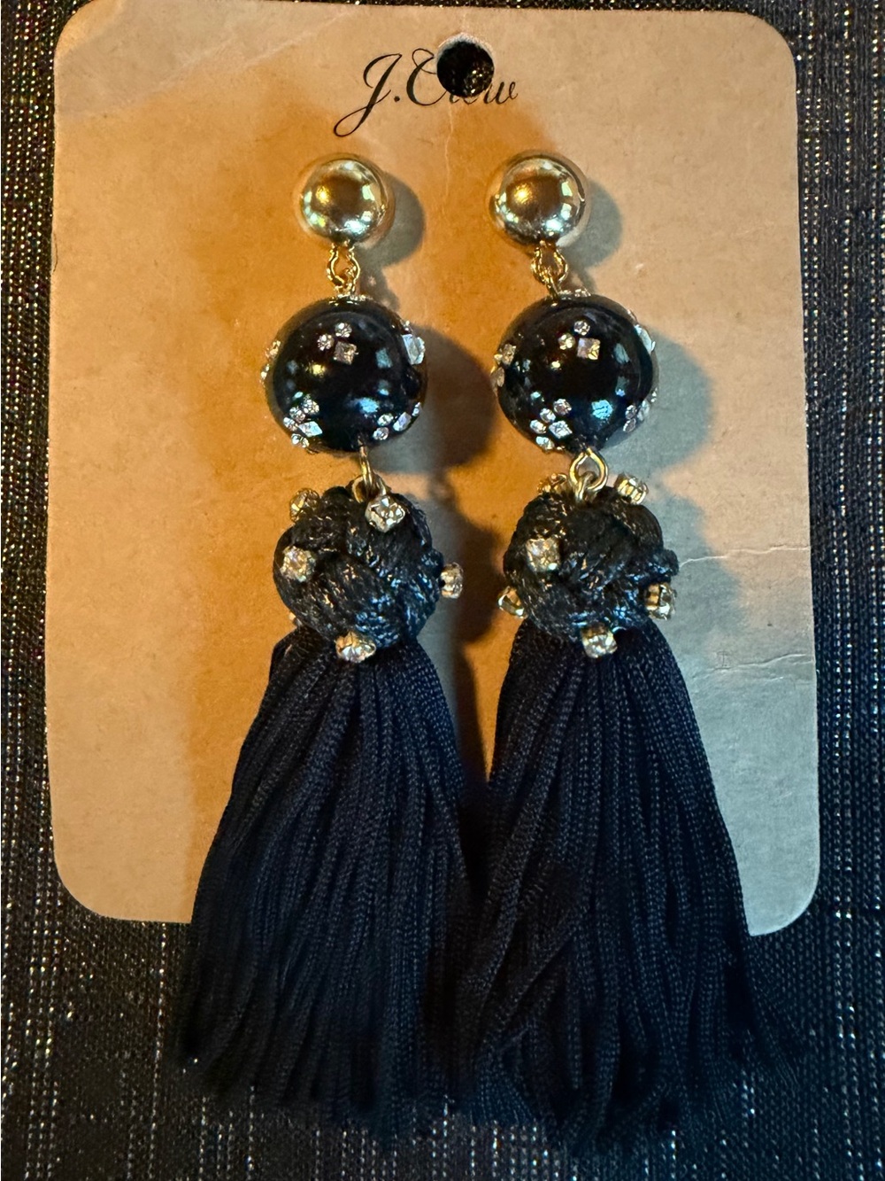 J. Crew Black Tassel Earrings with Gold Accents and Rhinestone Beads